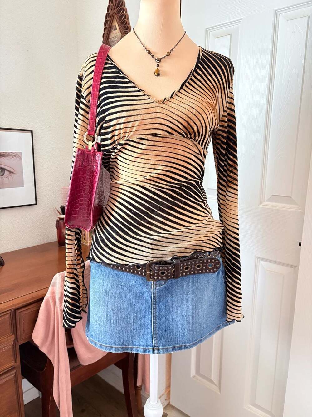 Forever 21 Y2K Striped Wrap Top Brown Black Shimmer Long Sleeve Ethereal Whimsy